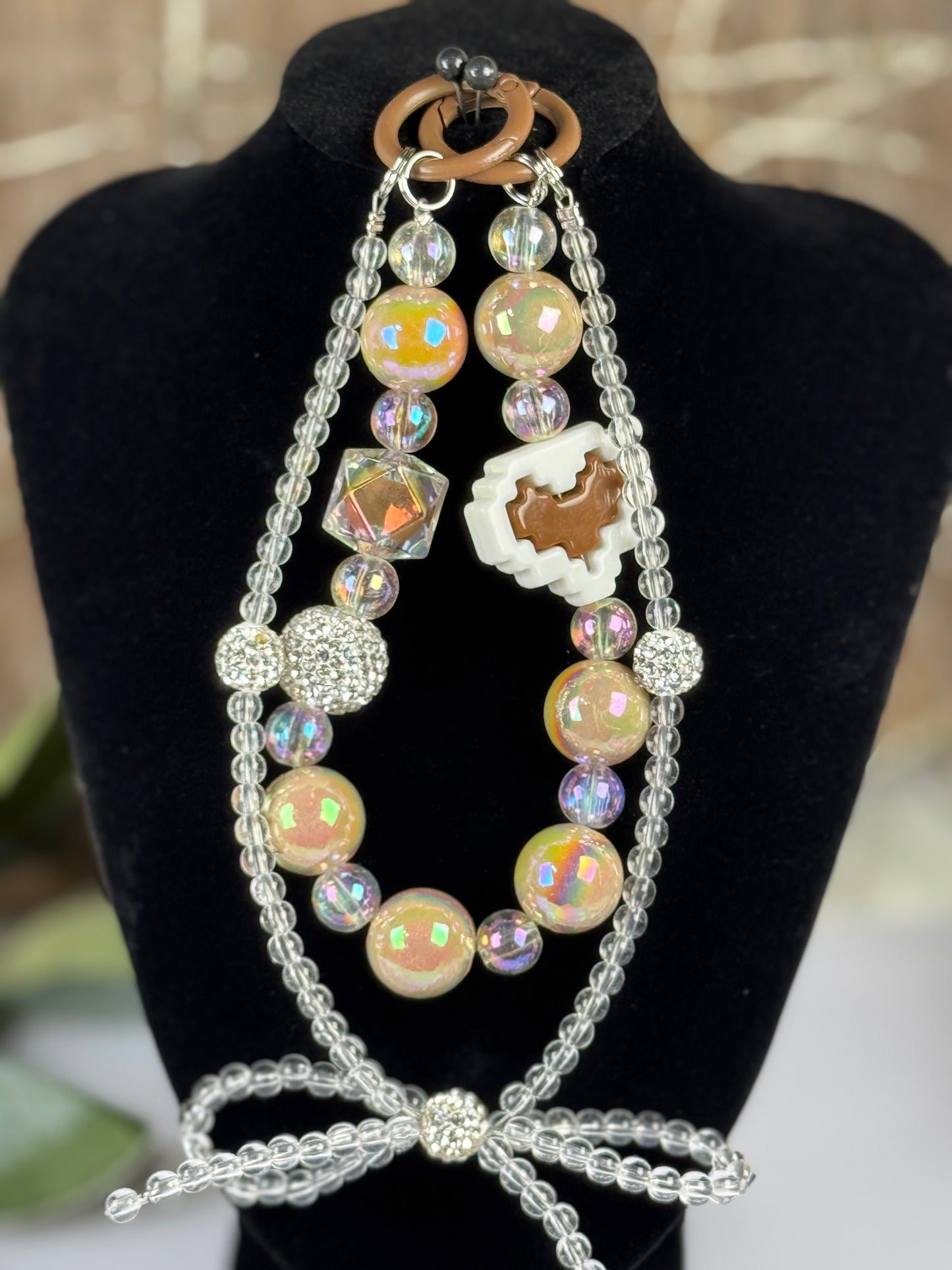 Clear Brown Double Heart Acrylic Beaded Keychain