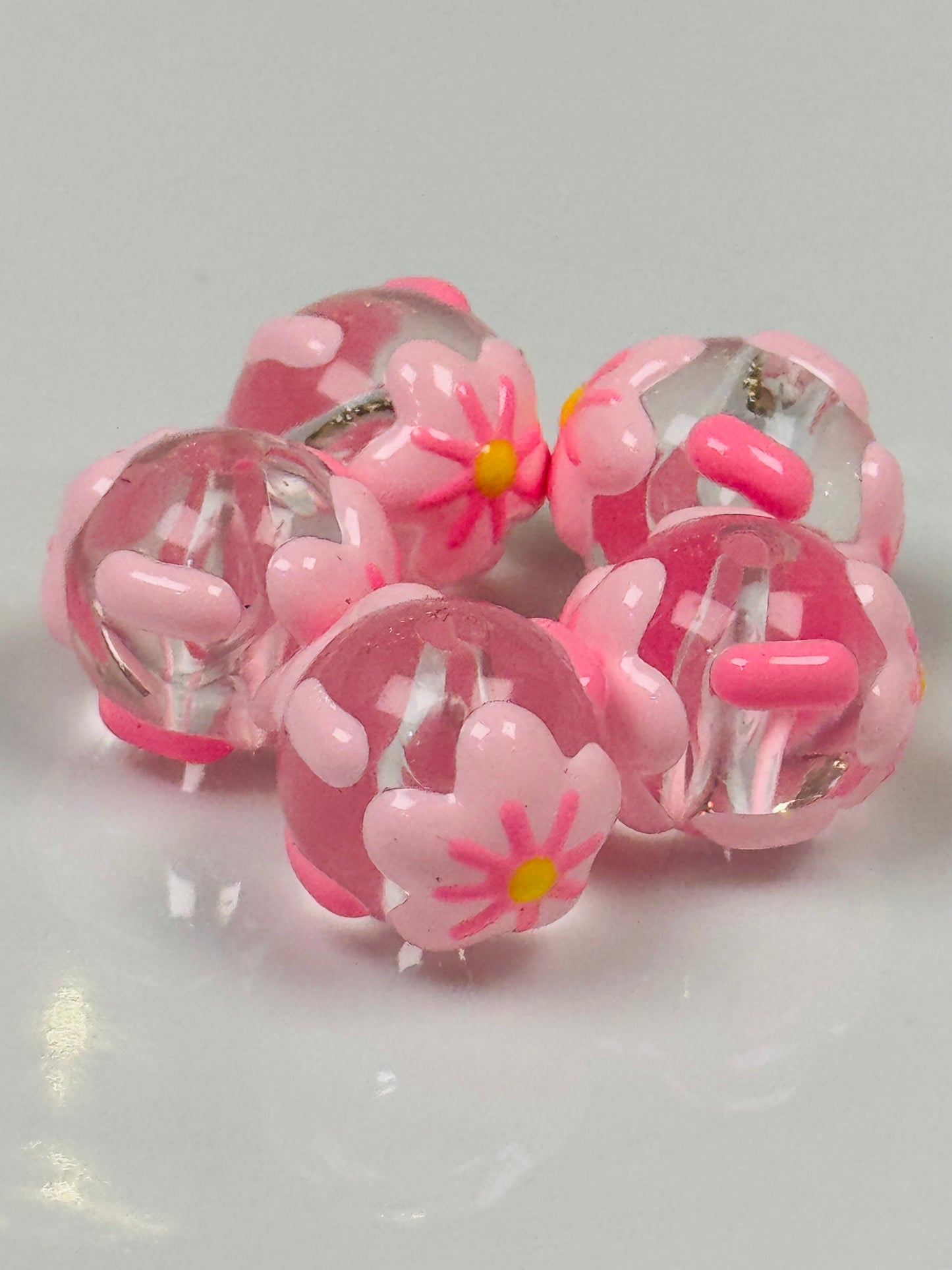 Hand painted acrylic flowers beads in a set of 5