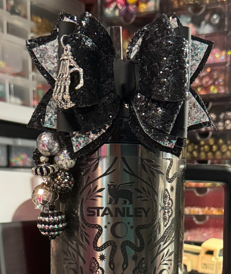 Chunky Black and Silver Skeleton and Spider Charm Straw Bow